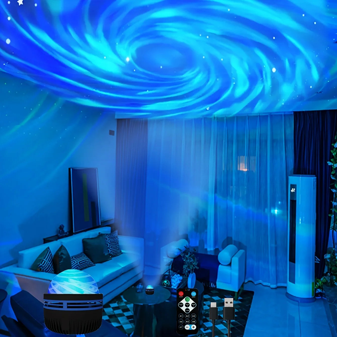 Luminária Projetora Galáxia Céu Estrelado – Luz Noturna LED com Controle Remoto, Sensor Sonoro, 7 Modos de Luz – Ideal para Quartos, Festas e Decoração